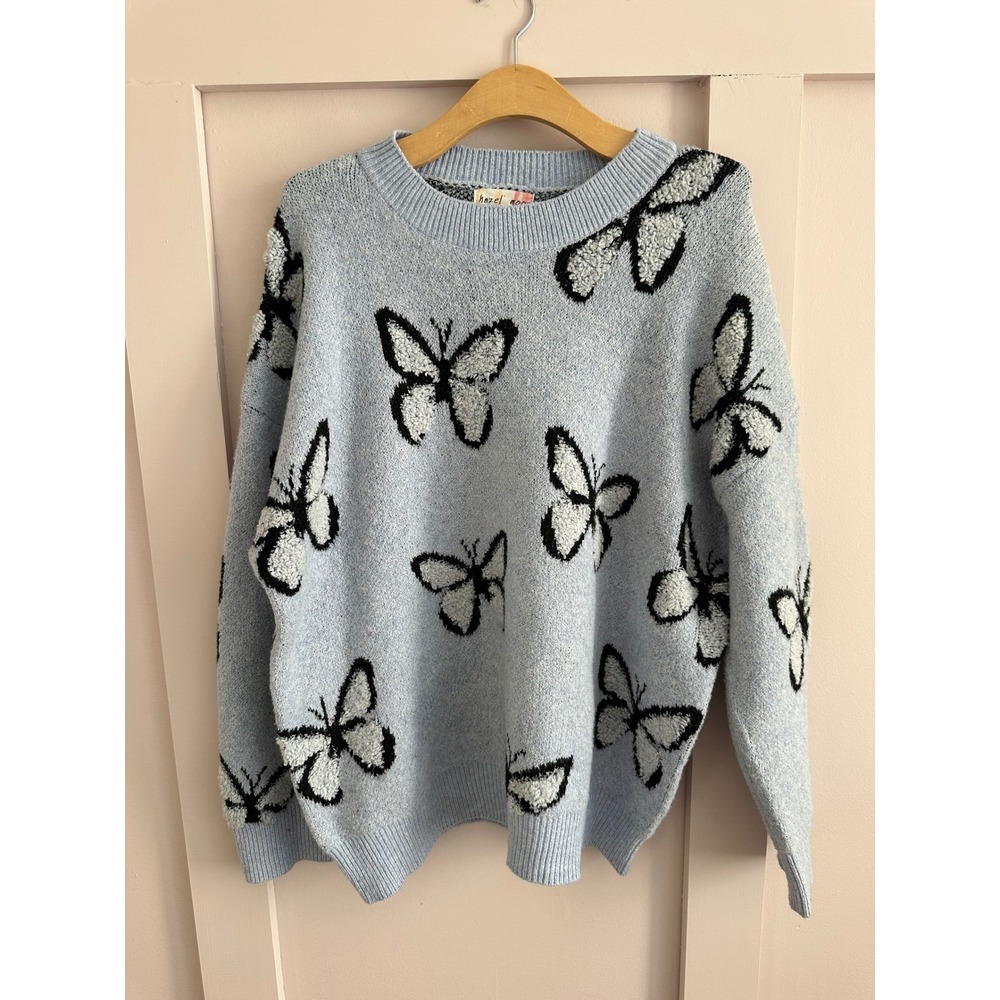 Hazel Moon Womens XL Light Blue‎ Butterfly Knit Sweater Crew Neck Pullover Y2K